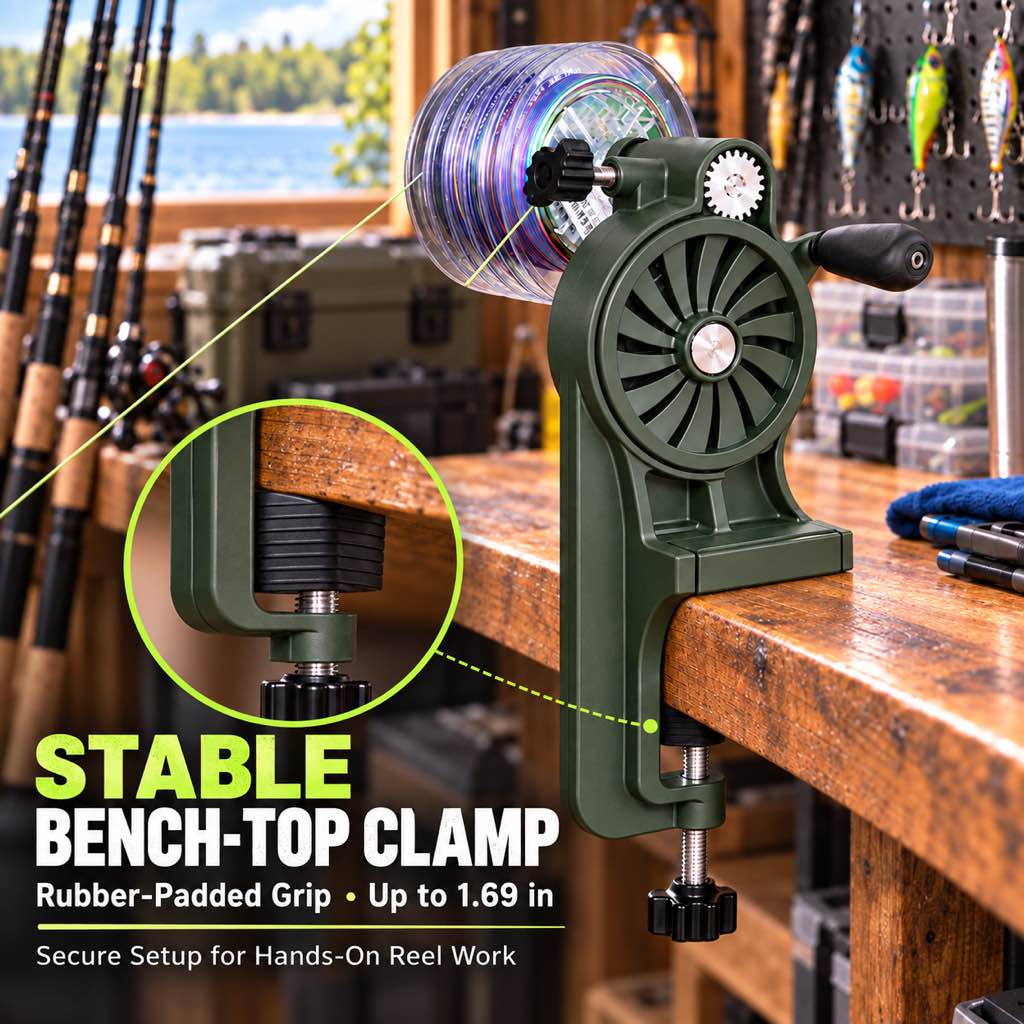 Bench-top fishing line spooler rubber-padded table clamp