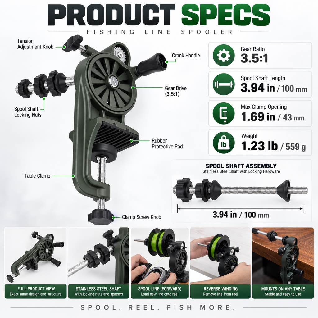 Fishing line spooler product specifications
