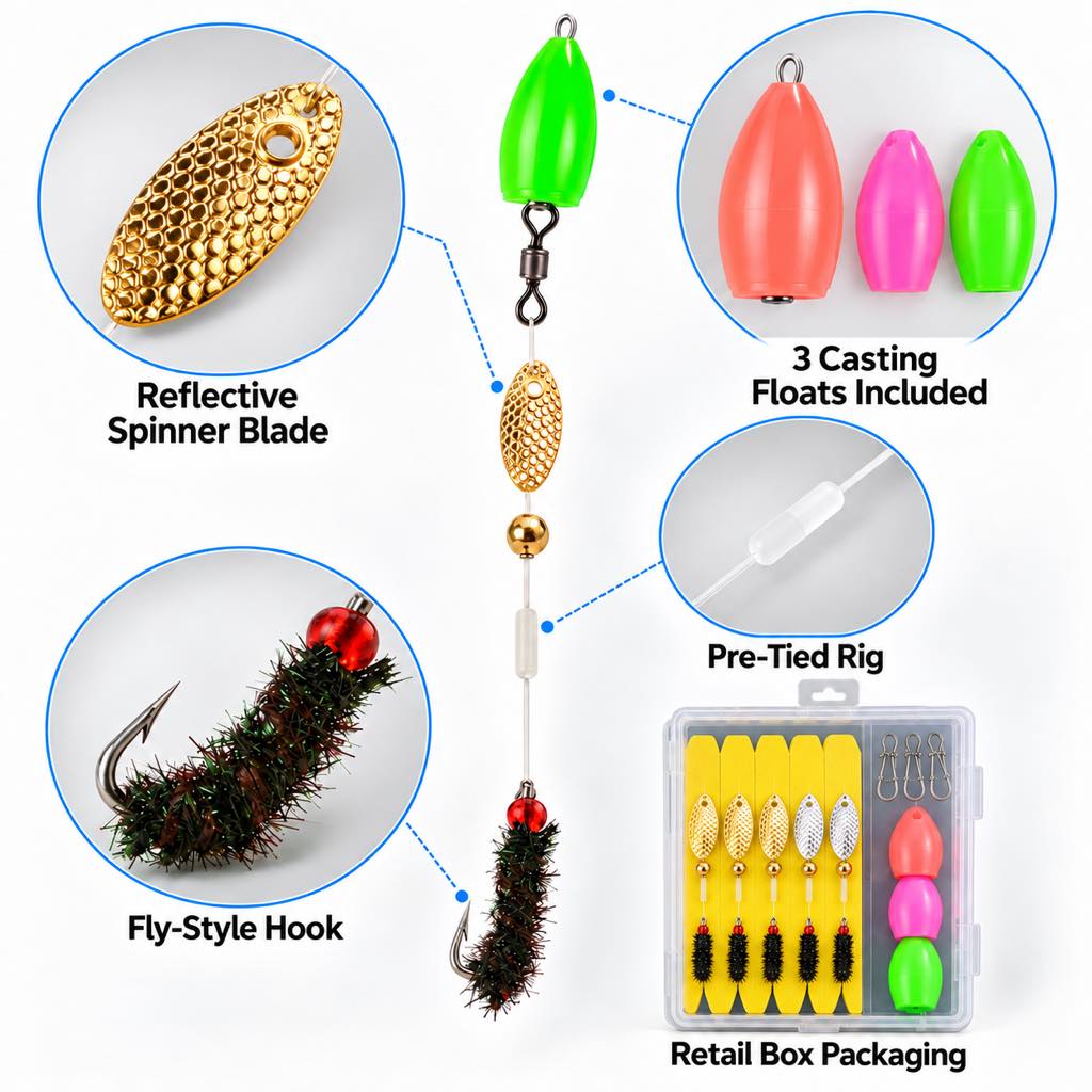 Pre-tied spin fly rig components and retail box