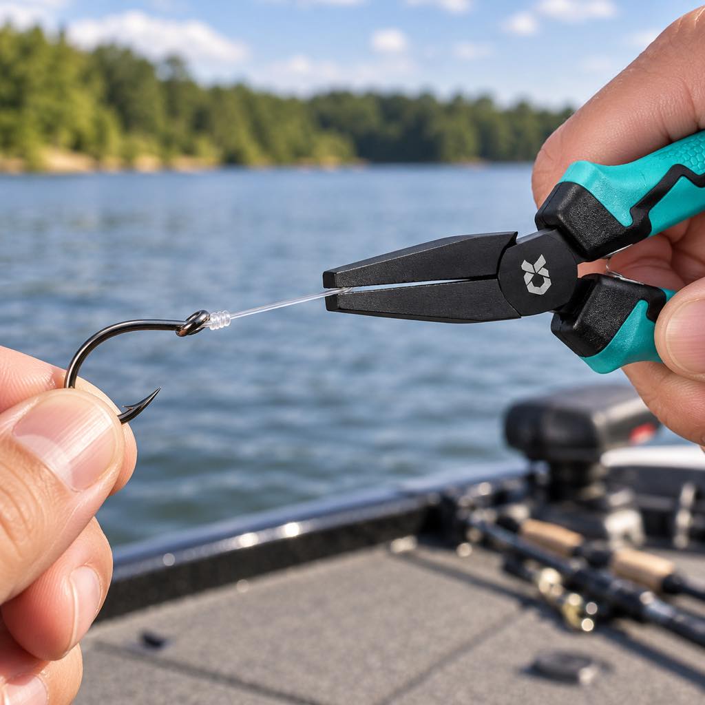Fishing knot cinching pliers gripping leader line