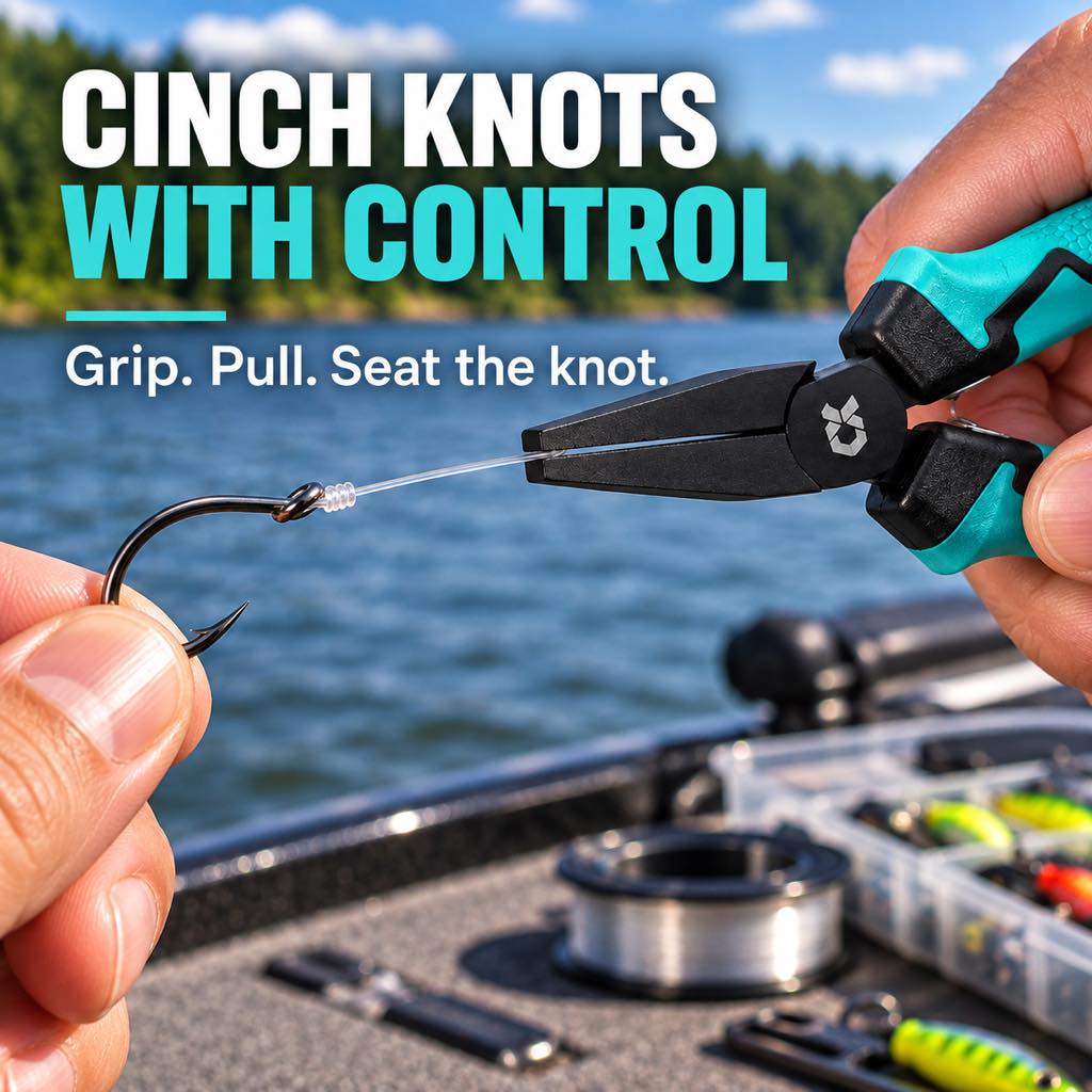 Fishing knot cinching pliers for controlled knot tightening