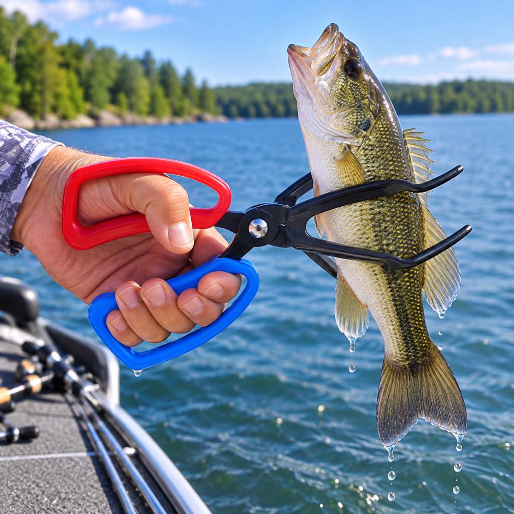 2-prong metal fish gripper tongs in use