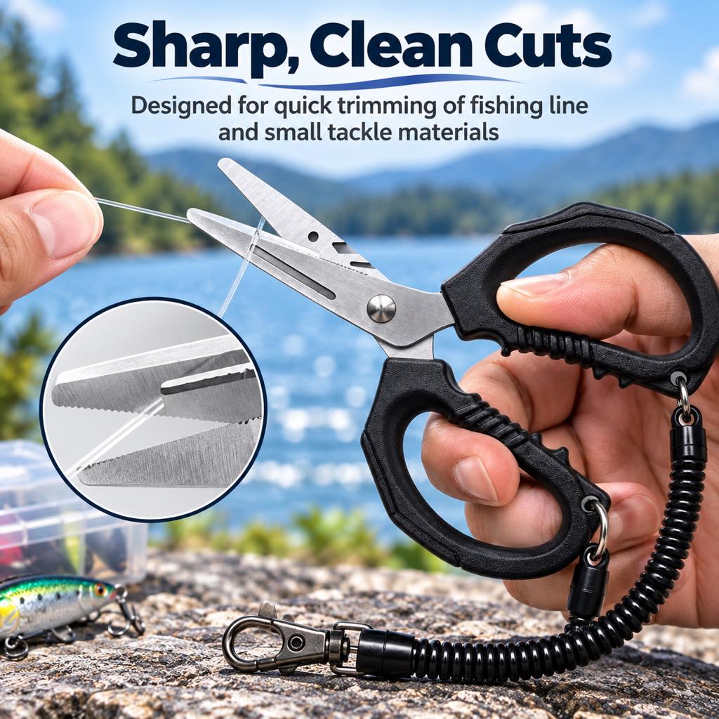 Compact fishing scissors for tackle bags and fishing vests