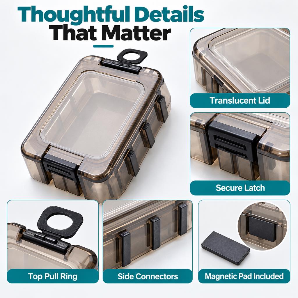 Magnetic fishing tackle box holding hooks and small accessories