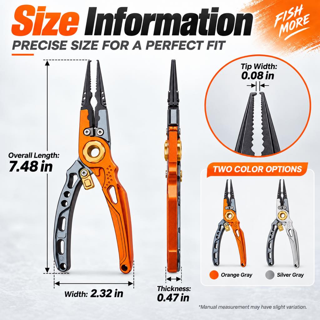 Fishing pliers specifications with orange and silver color options