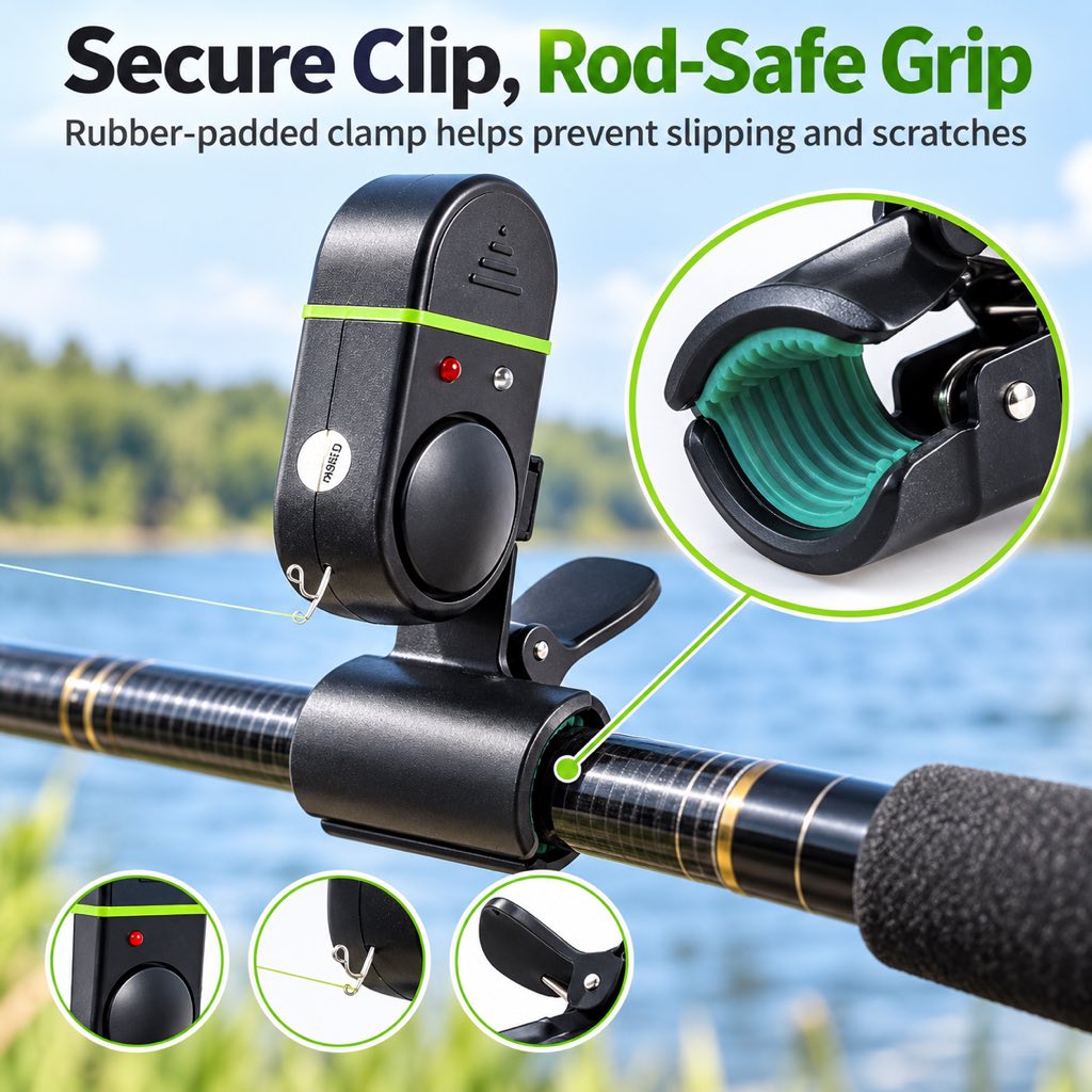 Fishing bite alarm with secure padded rod clip