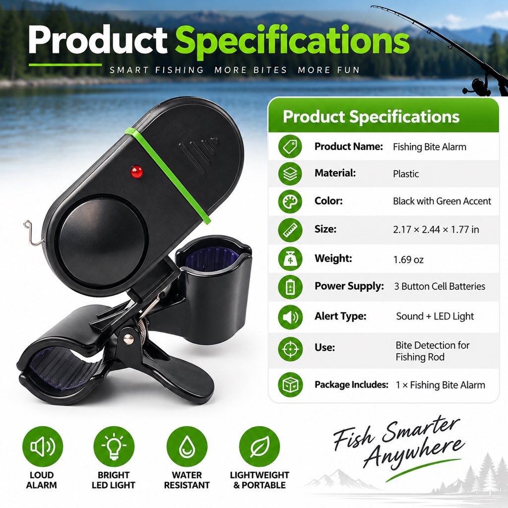 Fishing bite alarm specifications for LED sound alert
