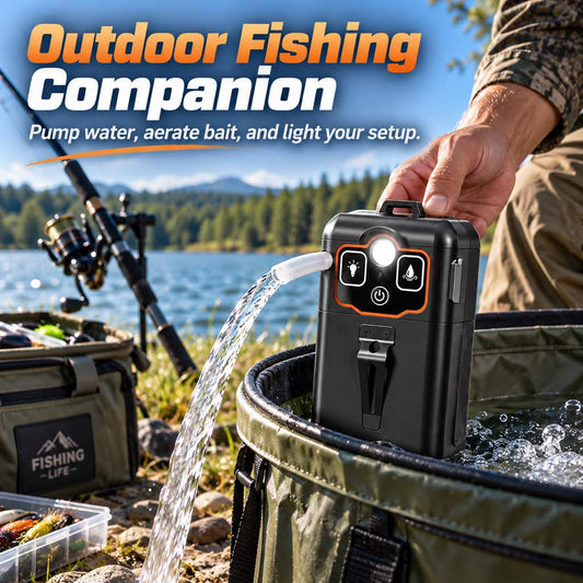 Portable fishing water pump pumping water into a bait bucket outdoors