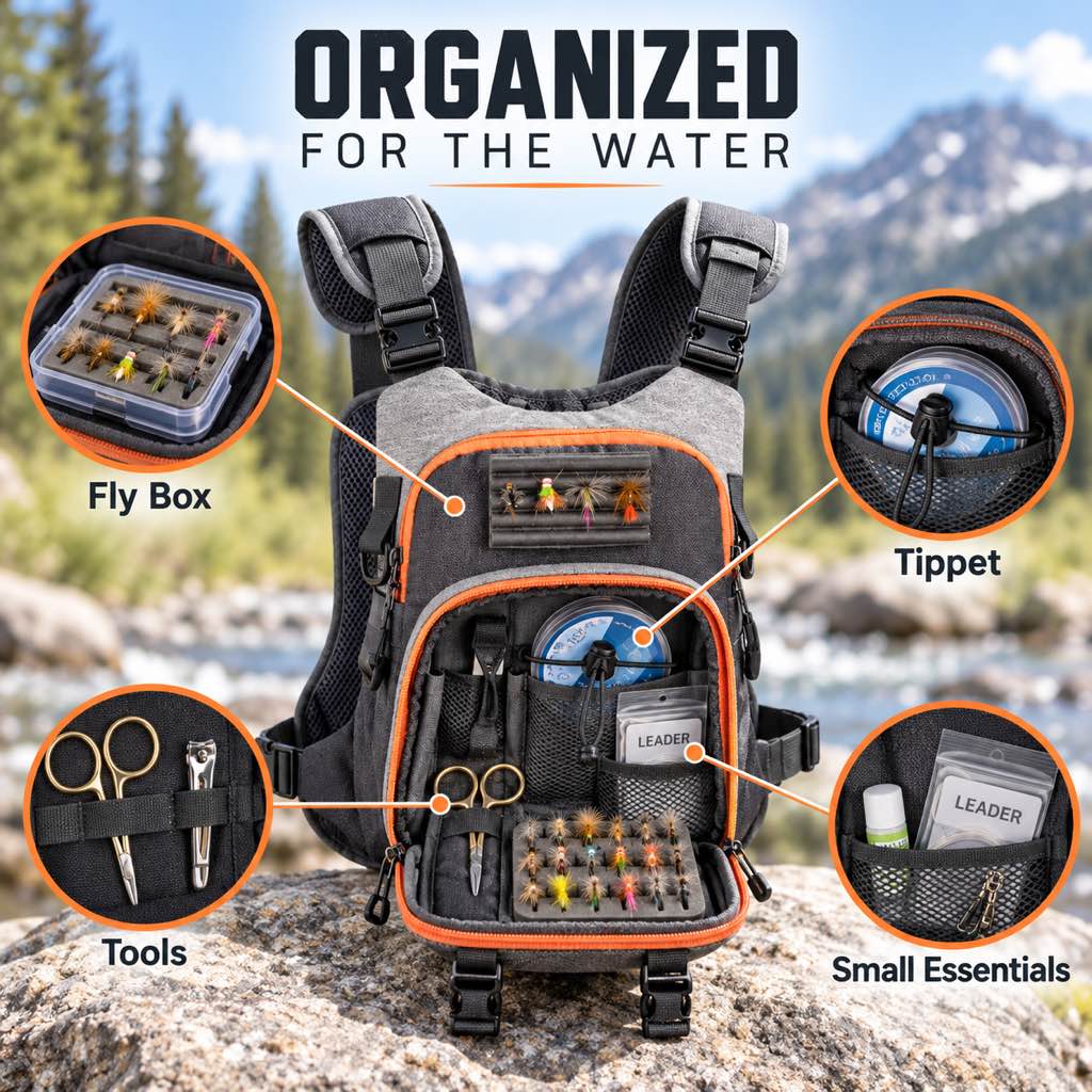 Organized fly box tippet tools and small essentials storage