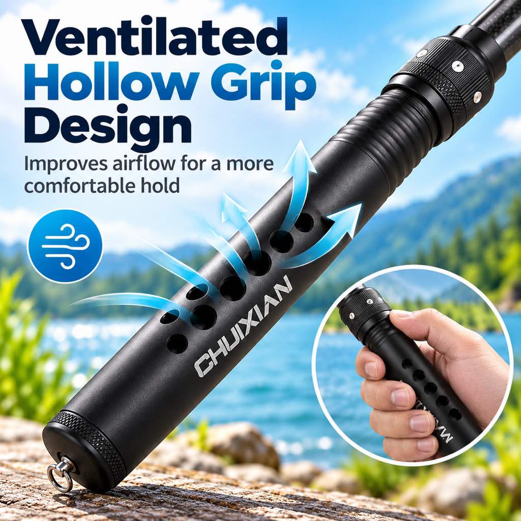 Ventilated hollow grip fishing rod replacement handle
