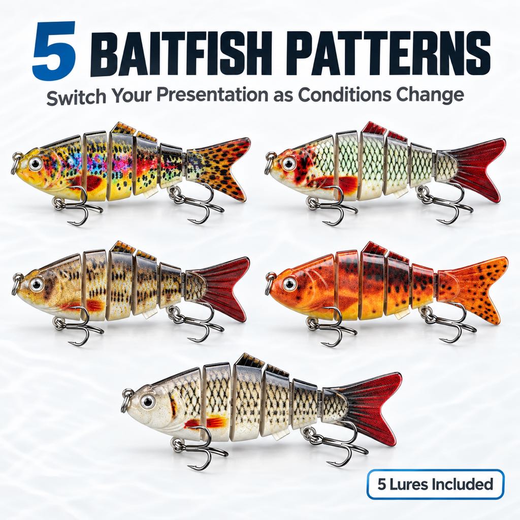 Five assorted baitfish patterns included in the swimbait set