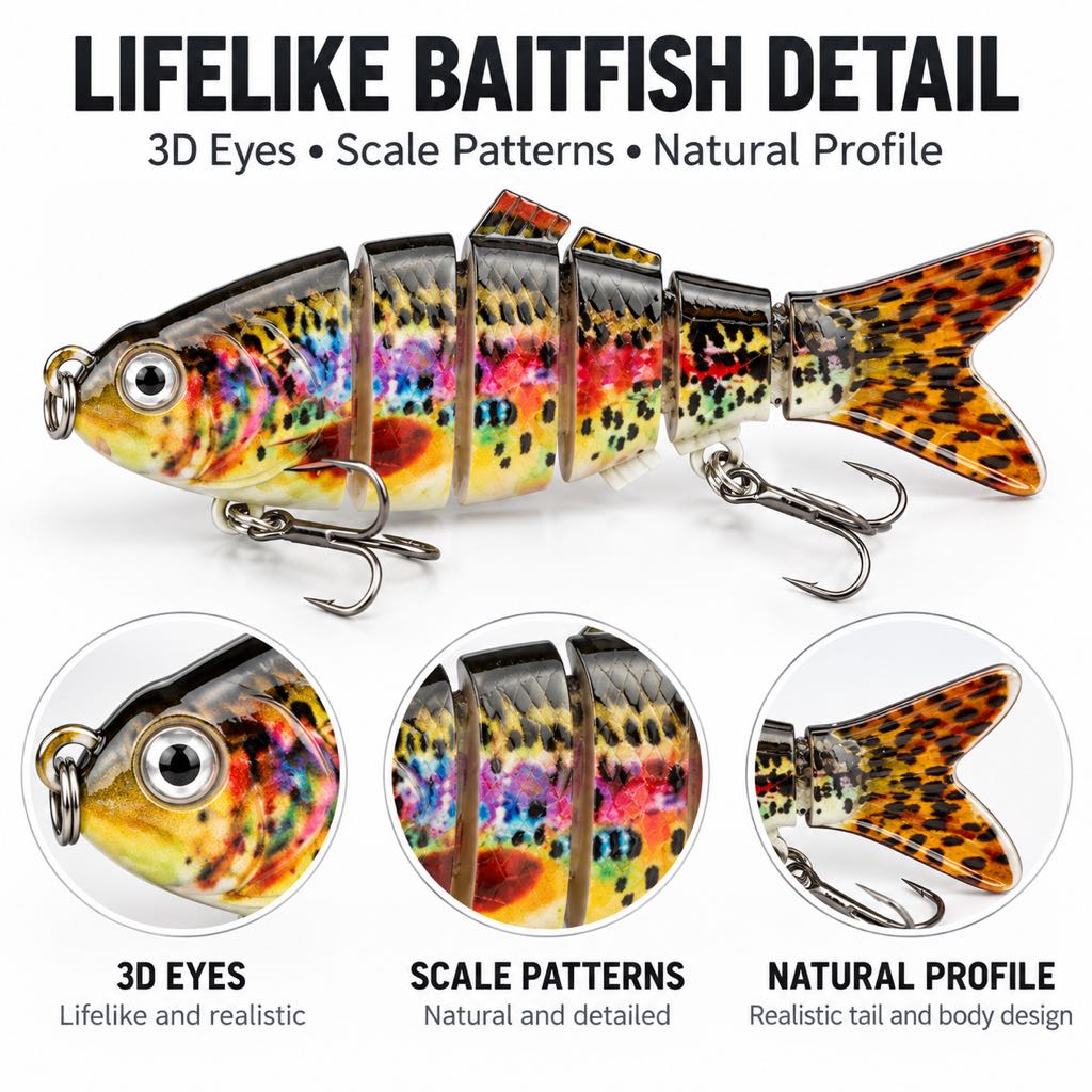 Close-up of 3D eyes scale patterns and natural profile on a jointed swimbait