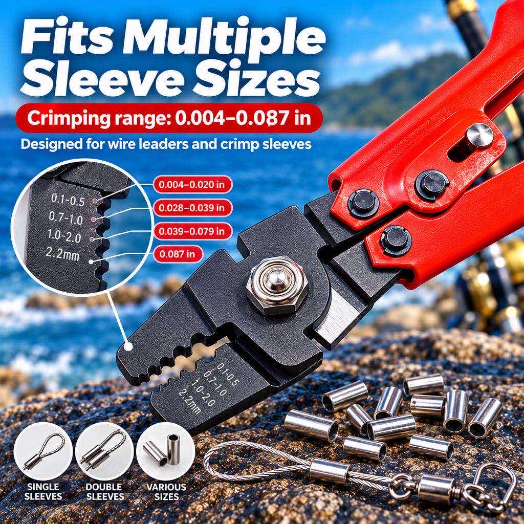 Fishing crimping pliers grooves for multiple sleeve sizes