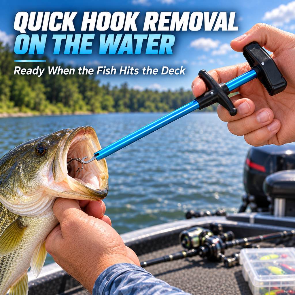 Blue fish hook remover used during boat fishing