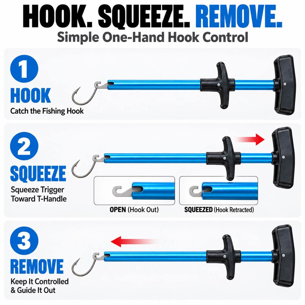 Hook squeeze and remove instructions for T-handle hook remover