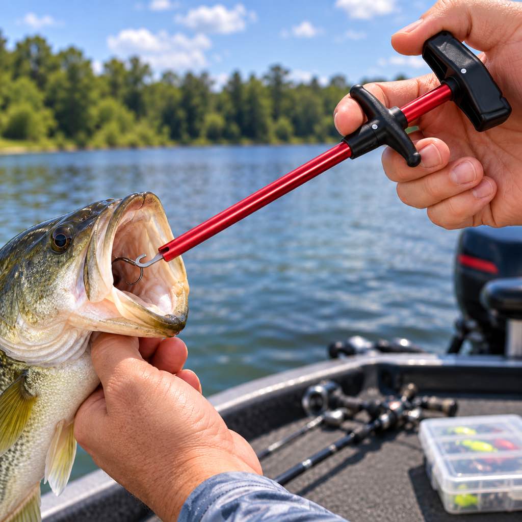 Red T-handle fish hook remover used on a bass