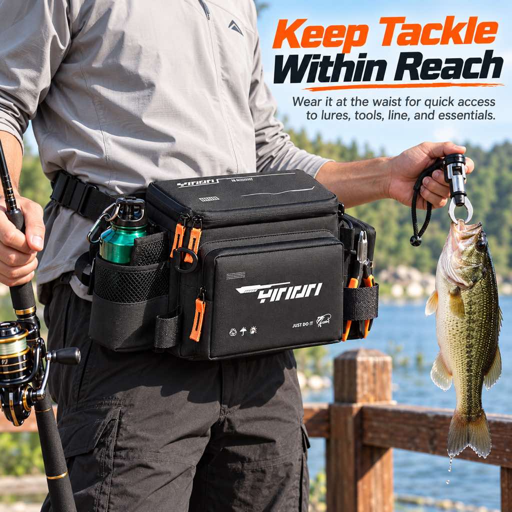 Fishing waist bag in use
