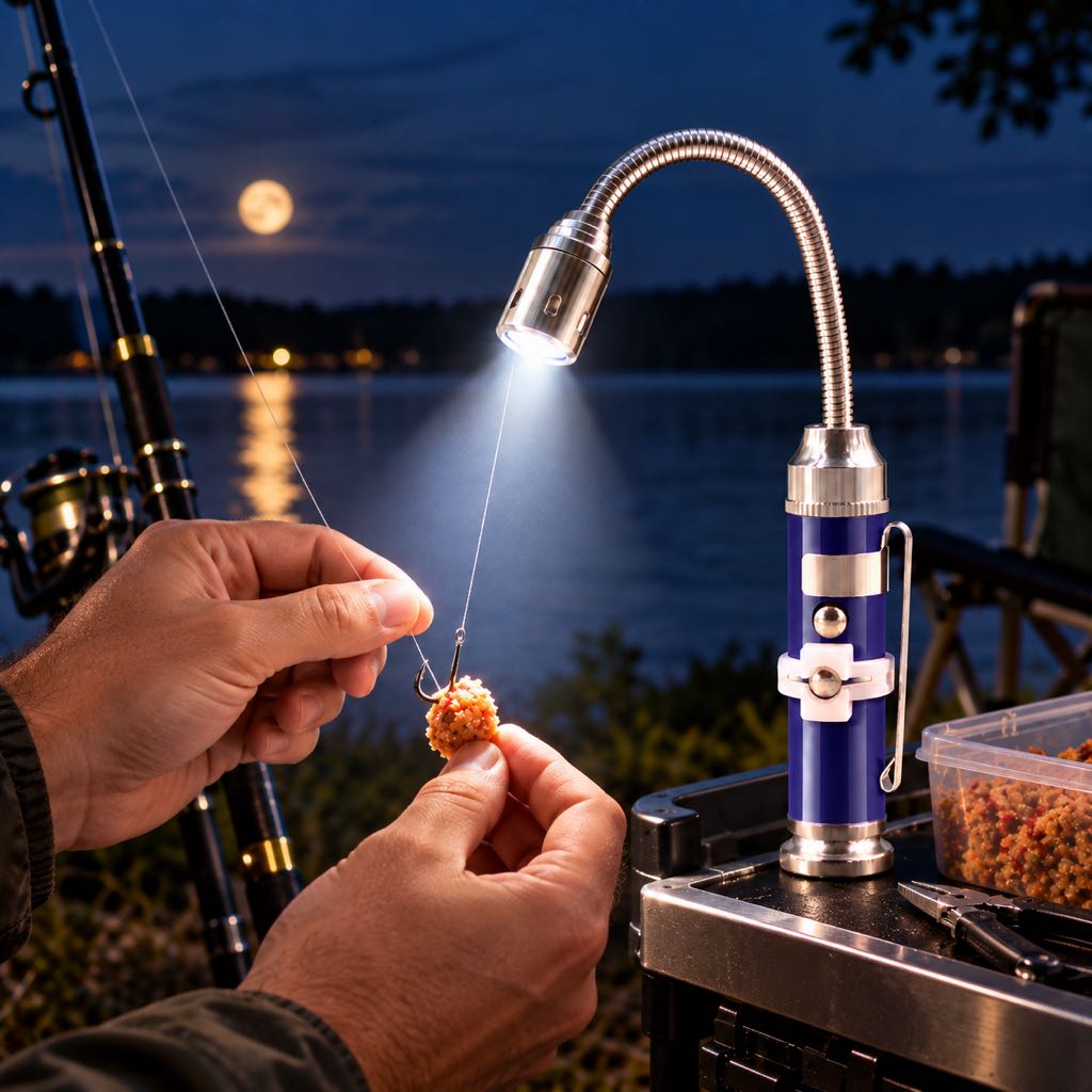 Magnetic night fishing bait light illuminating a hook and bait