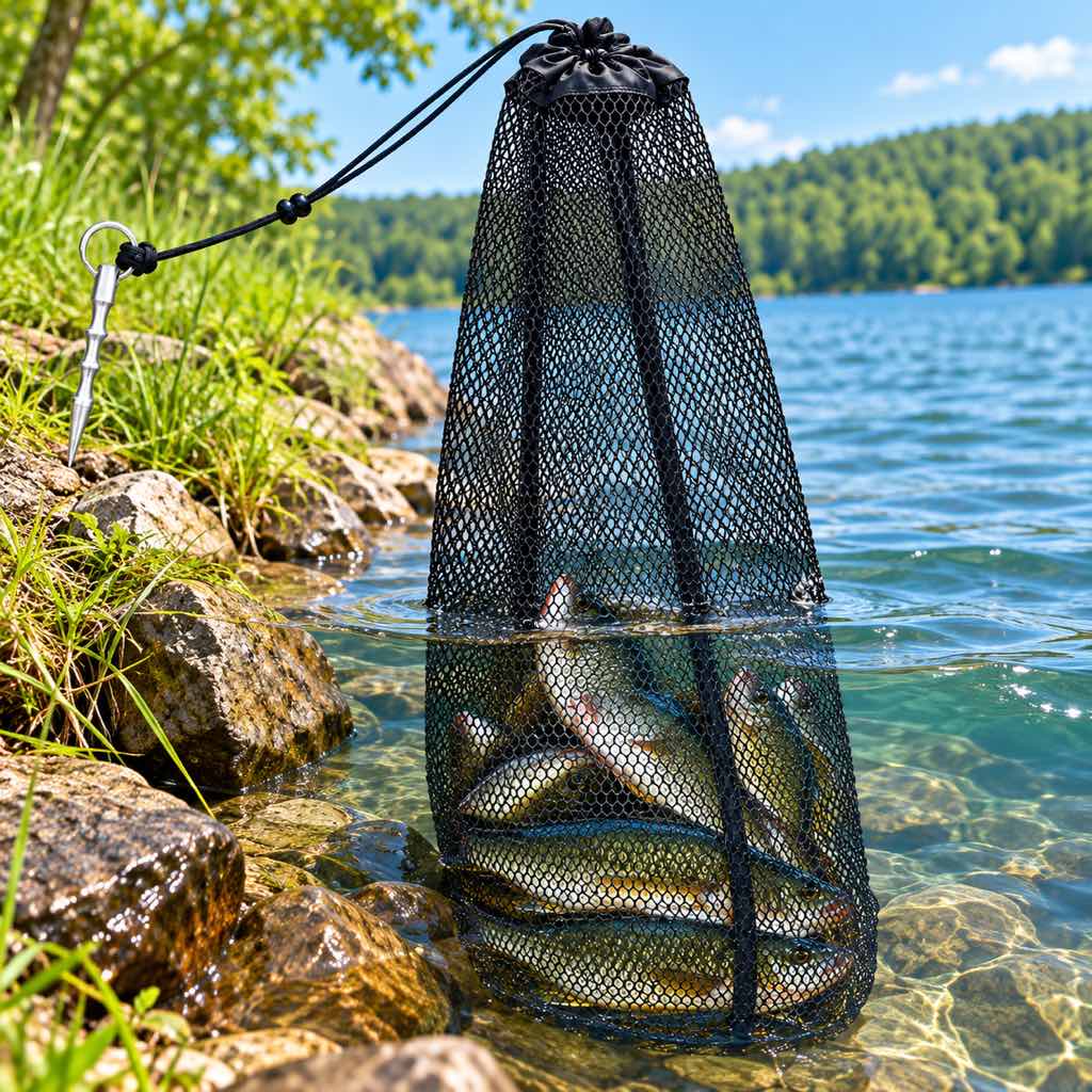 Black foldable fishing keep net with ground stake for bank fishing