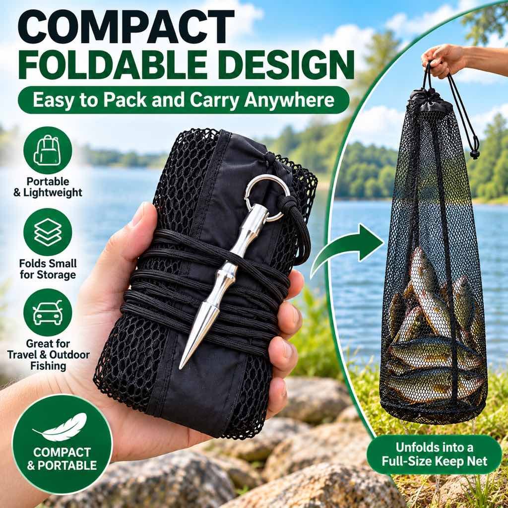 Compact foldable fishing keep net storage