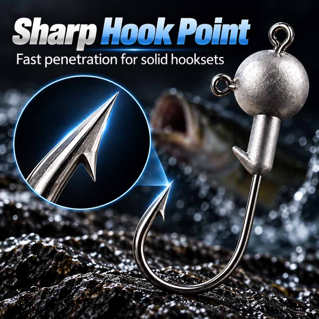 Sharp point on lead jig head hook