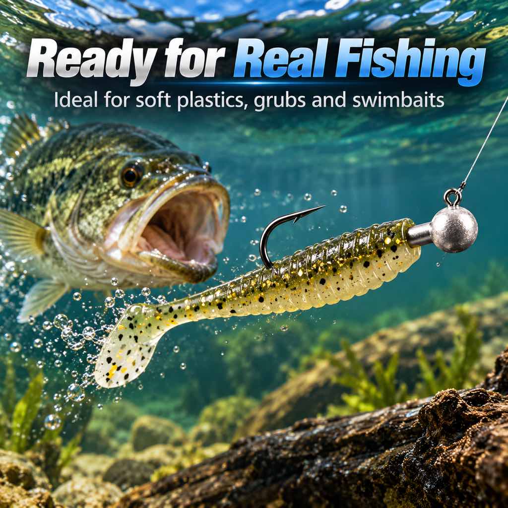 Lead jig head hook rigged with soft plastic lure