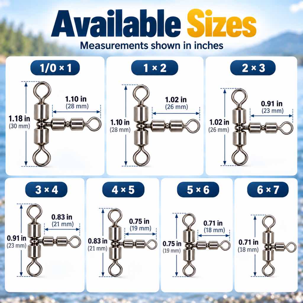 3-way T fishing swivel size chart