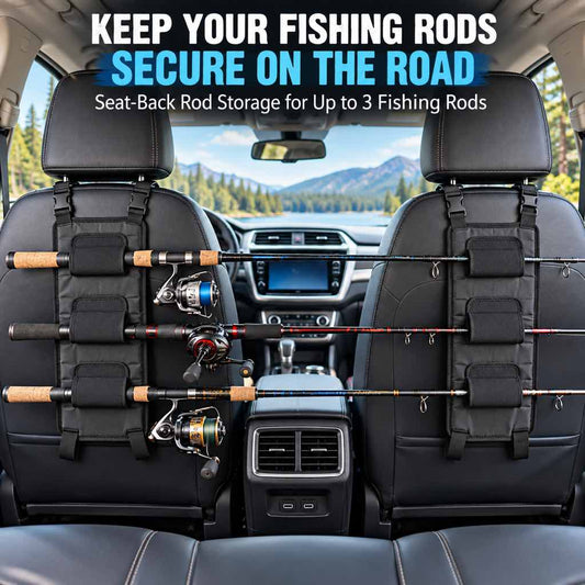 Car seat fishing rod holder storing up to three rods