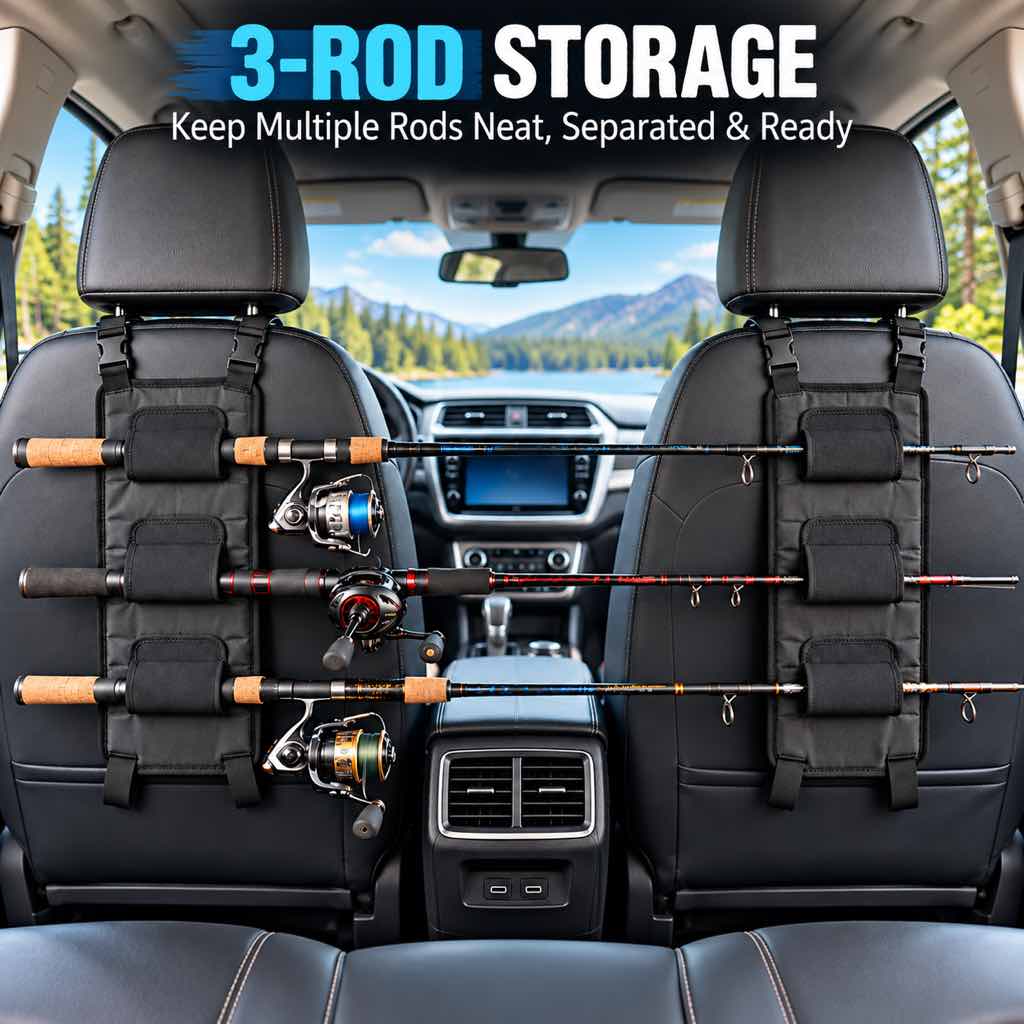 Car seat fishing rod holder backseat storage