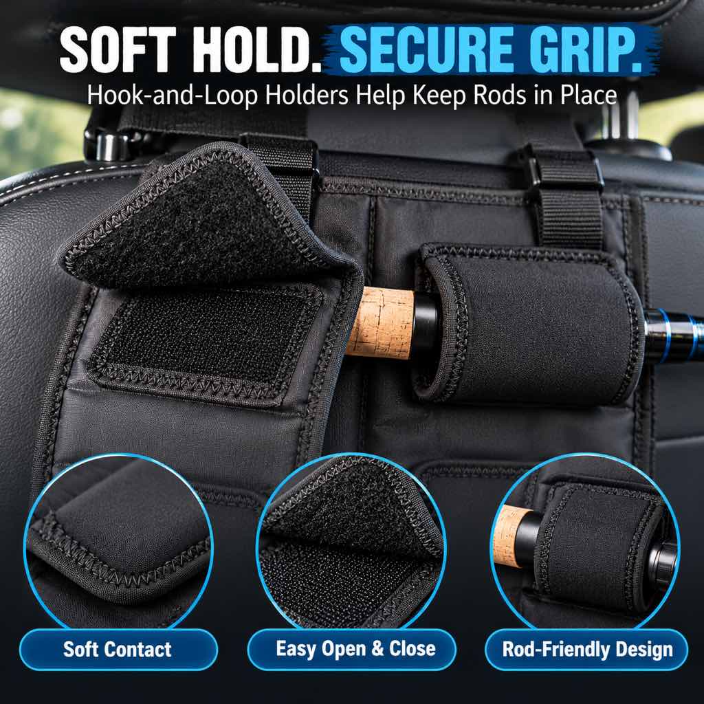 Car seat fishing rod holder hook-and-loop detail