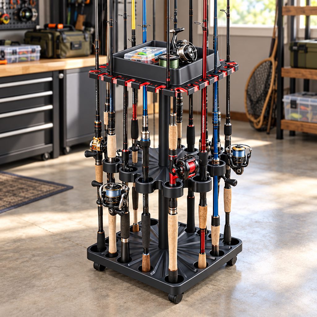 24-rod freestanding fishing rod storage rack in black
