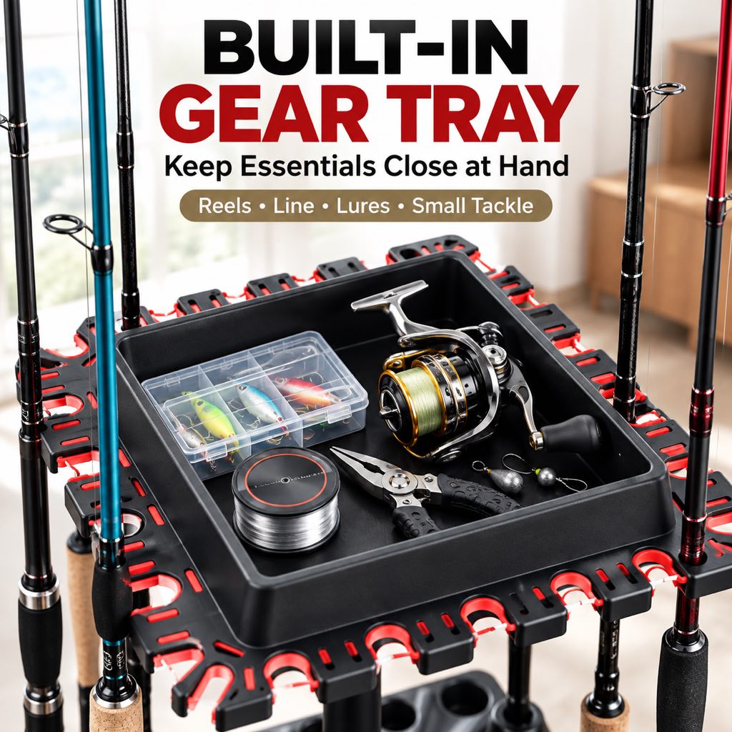 Built-in fishing gear tray for reels line and tackle