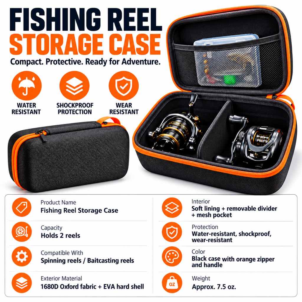 Black EVA fishing reel case with orange zipper and carry handle
