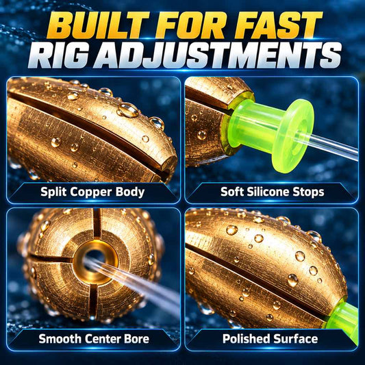 Quick-change copper fishing sinker split body and silicone stop details