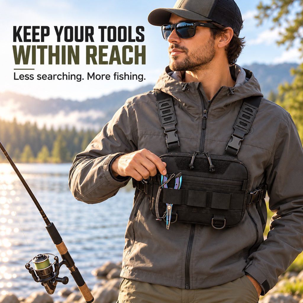 Black fishing chest pack keeping tools within easy reach