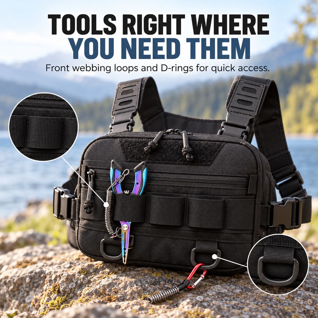 Black fishing chest pack with front tool loops and D-ring attachment points