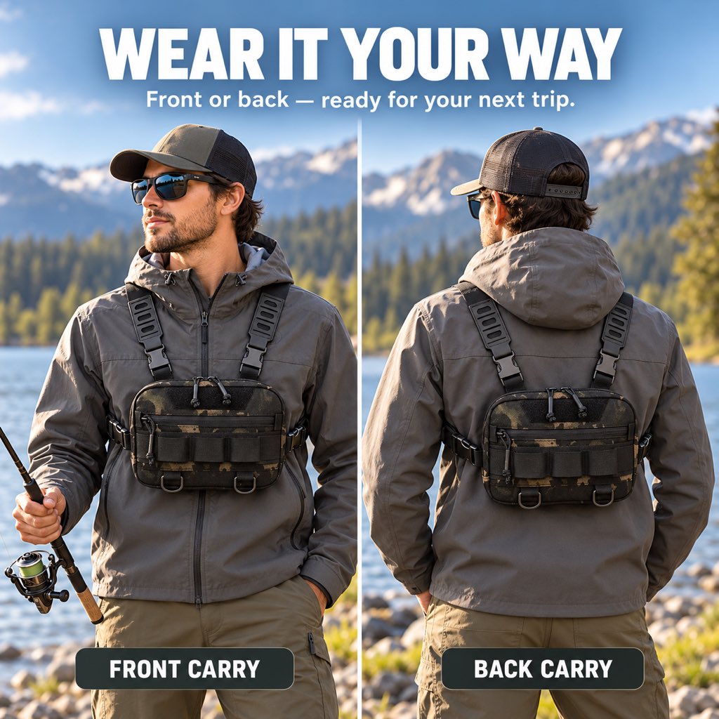 Fishing chest pack shown in front and back carry positions