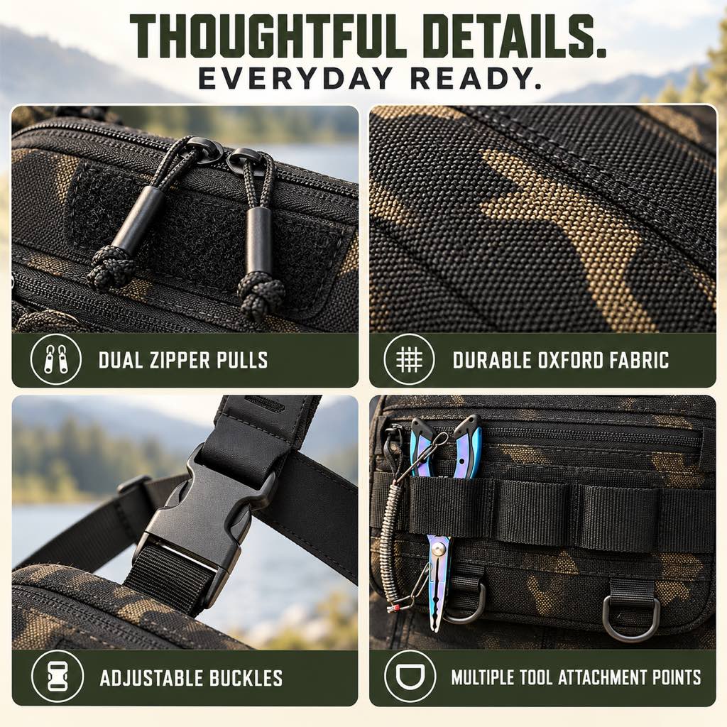 Oxford fabric zippers buckles and tool attachment details on a fishing chest pack