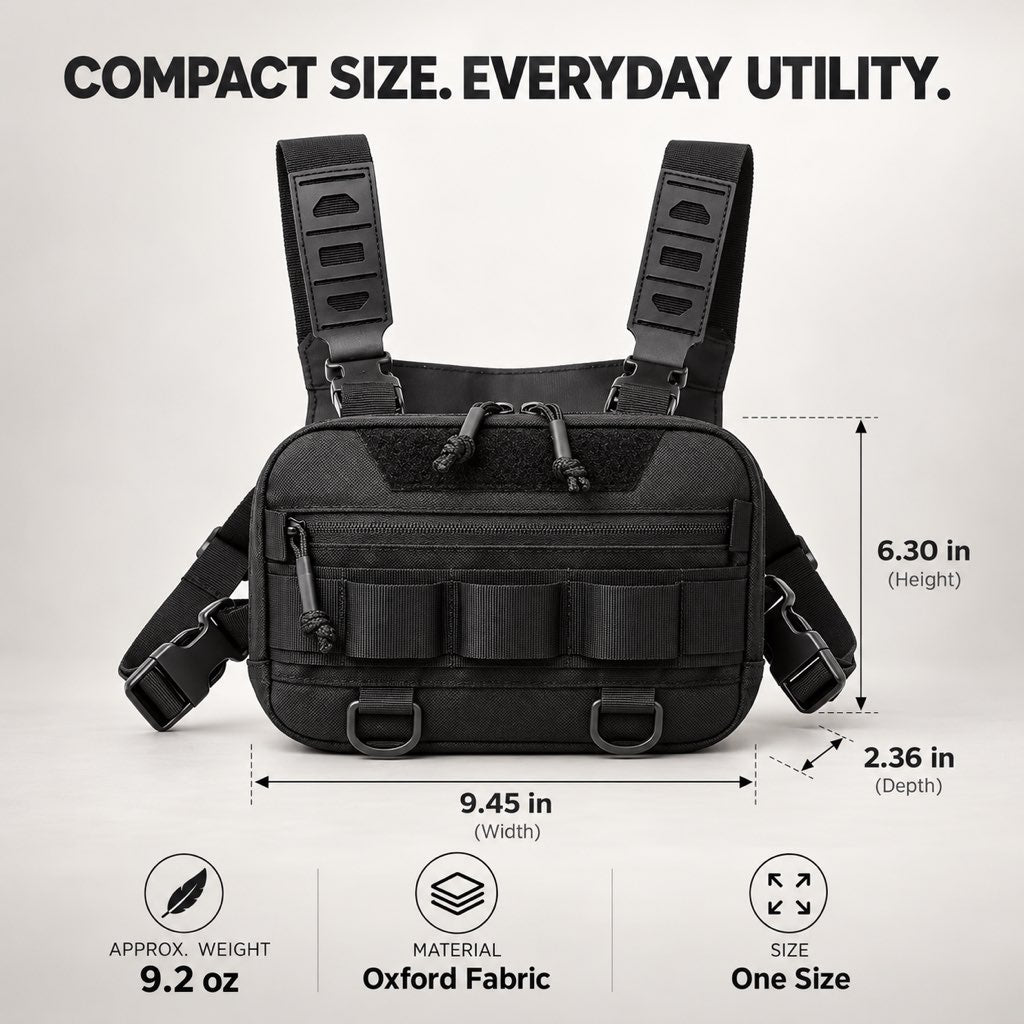 Black fishing chest pack dimensions material weight and one-size specifications