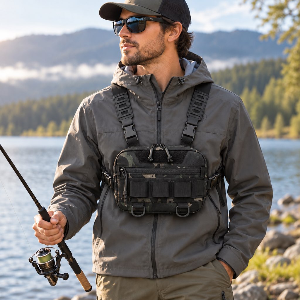 Green camo multi-pocket fishing chest pack worn during bank fishing