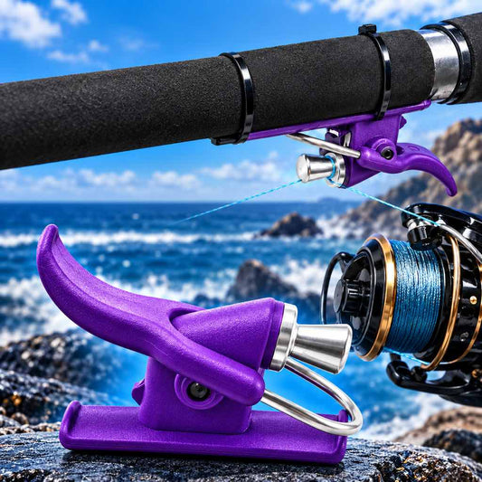 Purple surf casting trigger aid mounted on a spinning rod handle