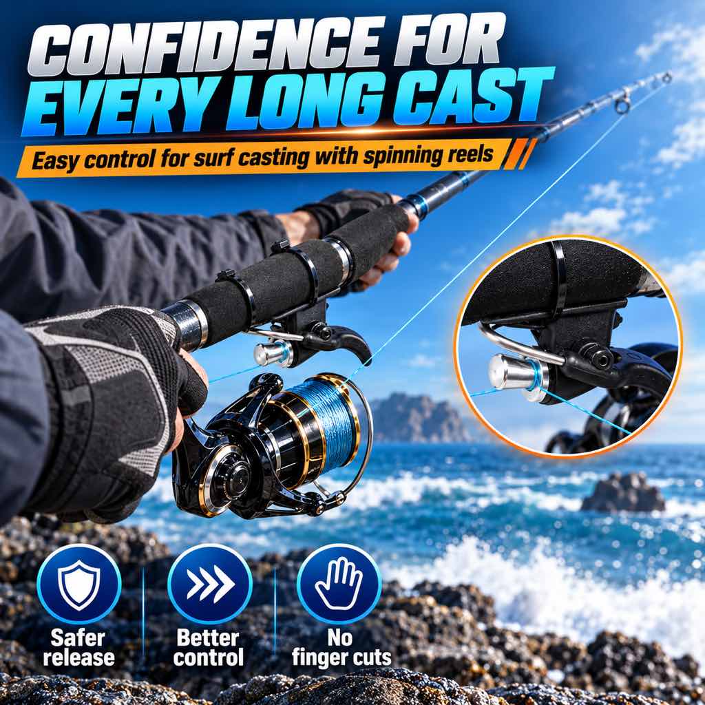 Black surf casting trigger aid in use with a spinning reel