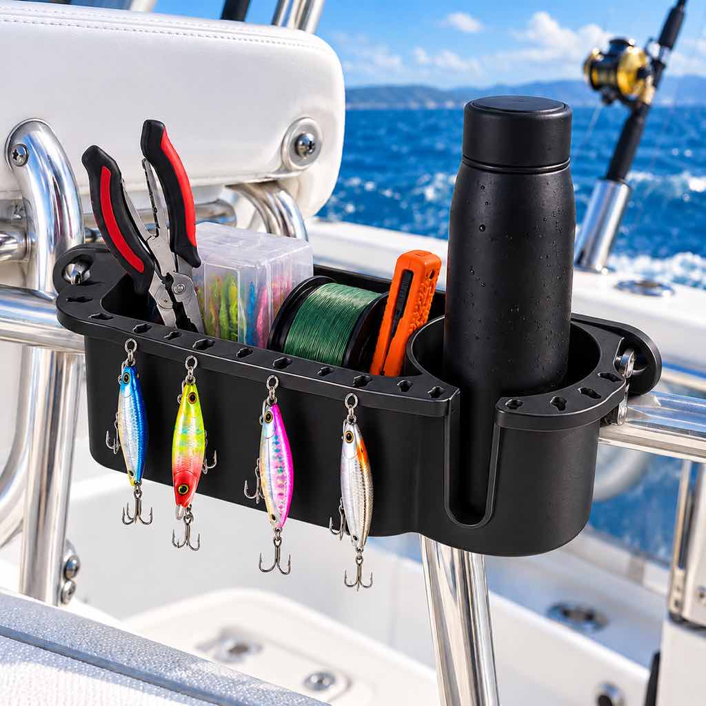 Boat fishing tackle organizer with cup holder — Image 1
