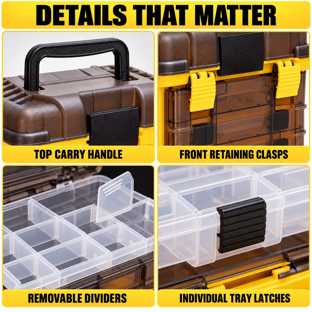 Fishing tackle box handle latches and removable dividers