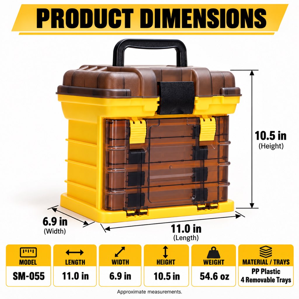 Portable fishing tackle box dimensions and specifications