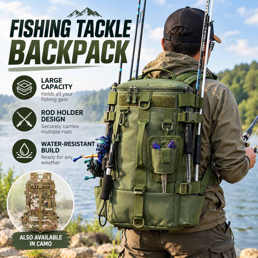 Green fishing tackle backpack with rods secured to side holders
