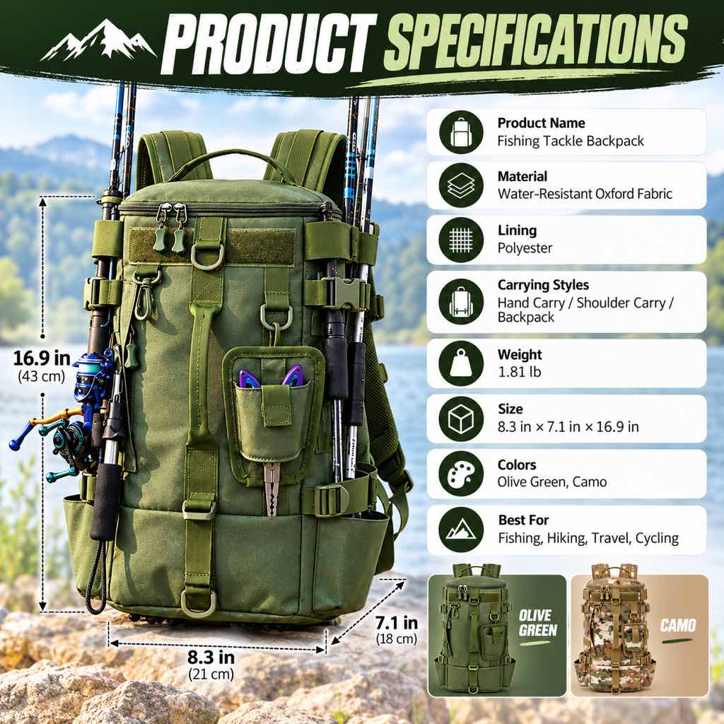 Fishing tackle backpack material carrying styles and size specifications
