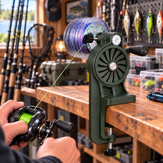 Bench-top fishing line spooler and reel winder in use