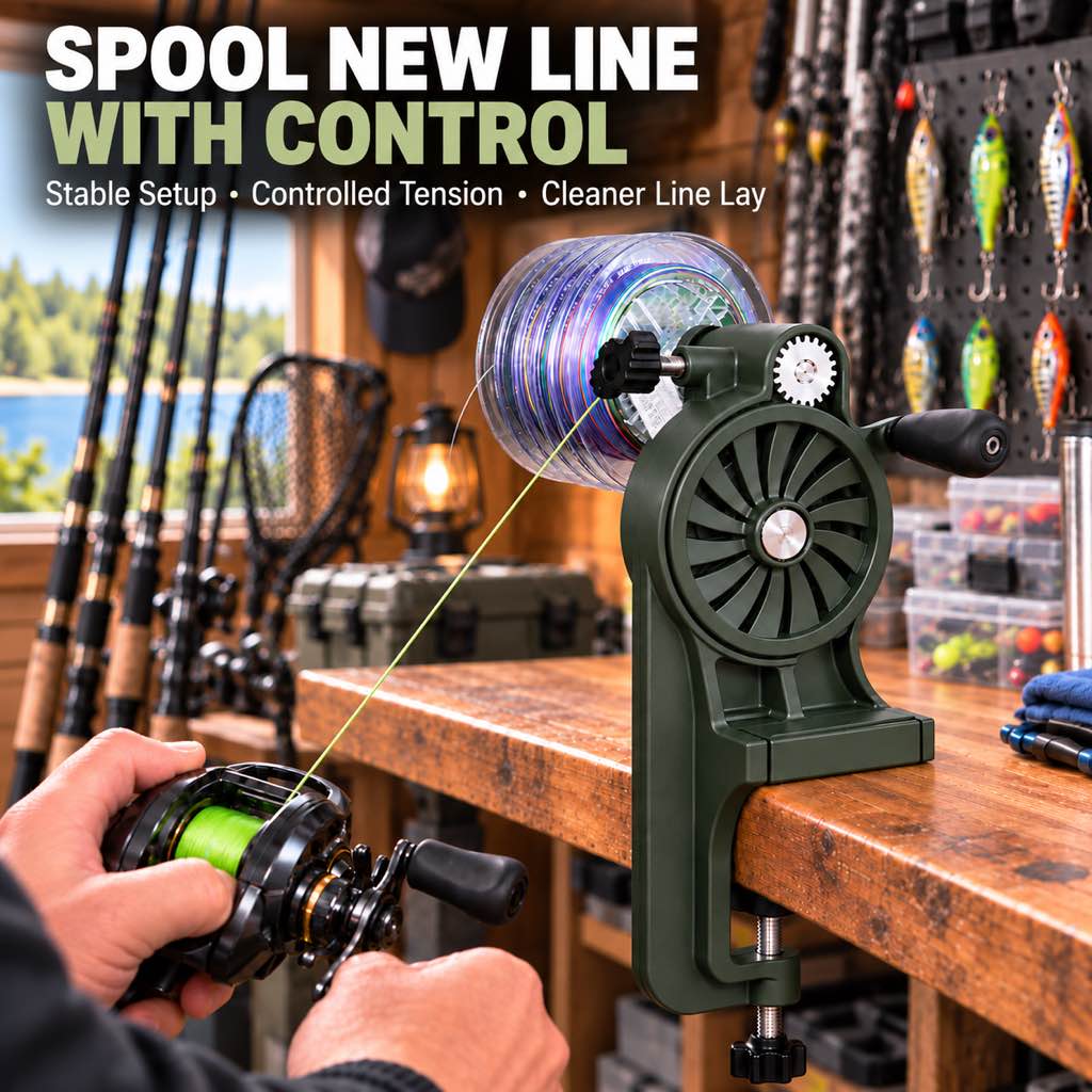 Fishing line spooler loading new line with controlled tension