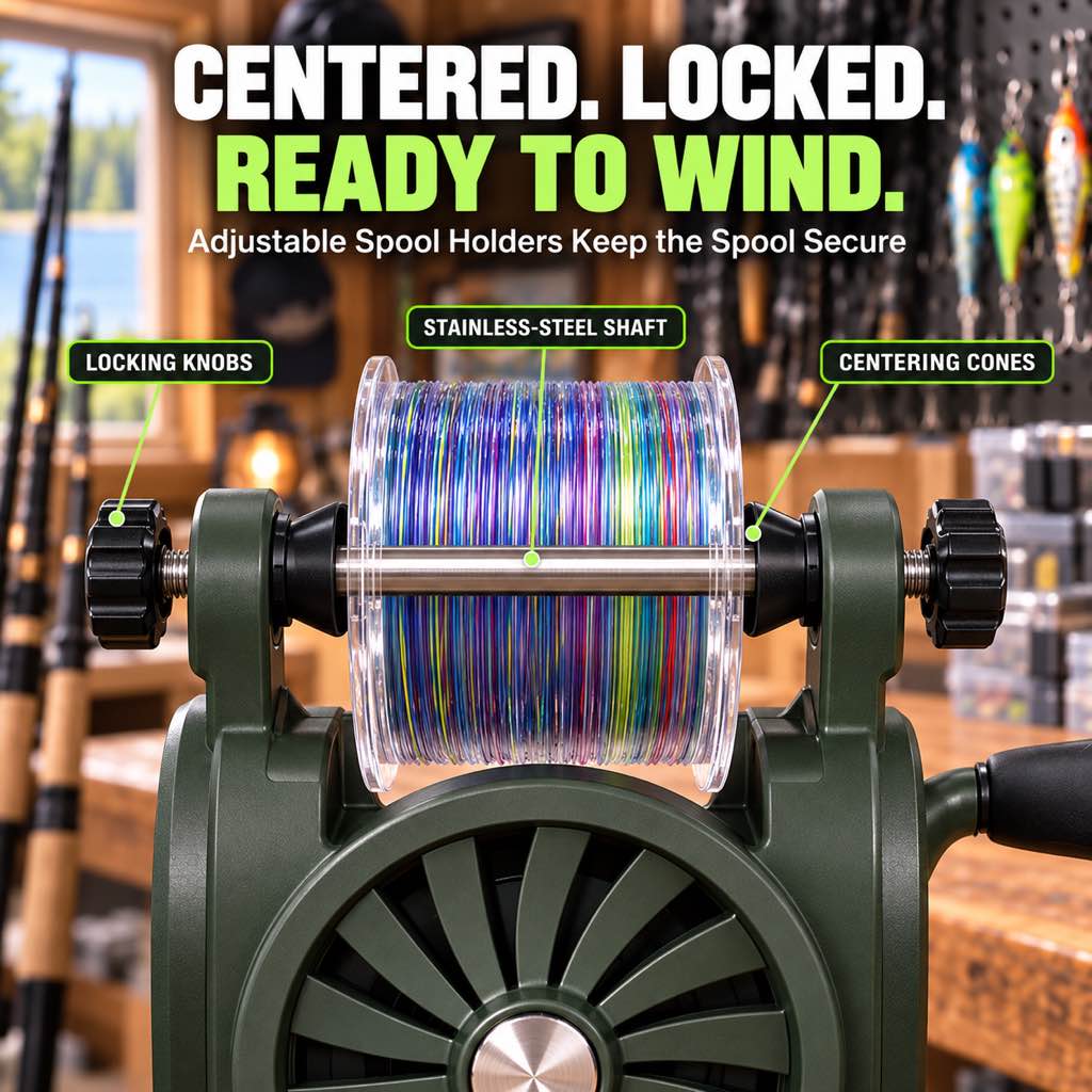 Line winder centered spool holder and locking system